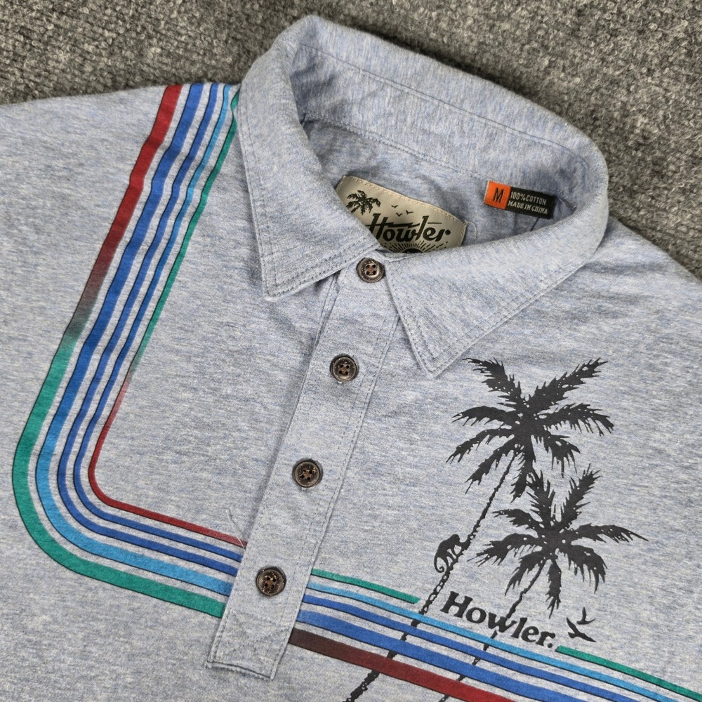 Howler Brothers Polo Shirt Mens Medium Blue Palm Tree Retro Stripe Cotton